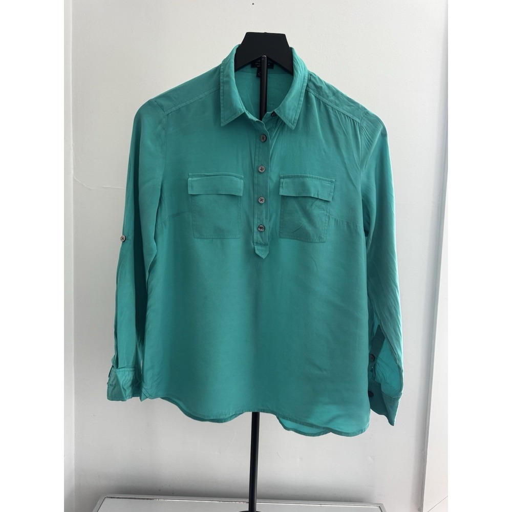 Ann Taylor Petite Silk Blouse 4P Green Button Front Roll Tab Career Classic